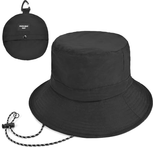 EINSKEY Packbar hinkhatt med hakrem för män kvinnor, snabbtorkande justerbar solhatt för strand safari fiske vandring UV-skydd, 02svart, one size
