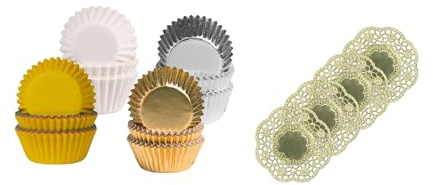 Demmler pralinkapsel – chokladformar – blandade färger, vit, silver och guld, set om 4 – 400 stycken – mått: 2,6 x 1,6 cm – inklusive 4 gyllene koppfiltar – Made in Germany