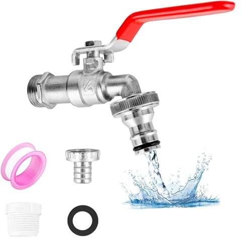 XCDMJ Universal Water Tap for The Garden Rust and Frost Resistant 1/2 Inch Brass Water Tap + 2 Hose Connections, 1x Roll Sealing Tape Premium, for Garden, Washing Machine, Rain Barrel, Household