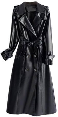 ZouoYYii Trench-Coat En Cuir D'agneau Pour Femme - Manteau Mi-Long En Cuir D'agneau Véritable À Double Boutonnage Avec Ceinture