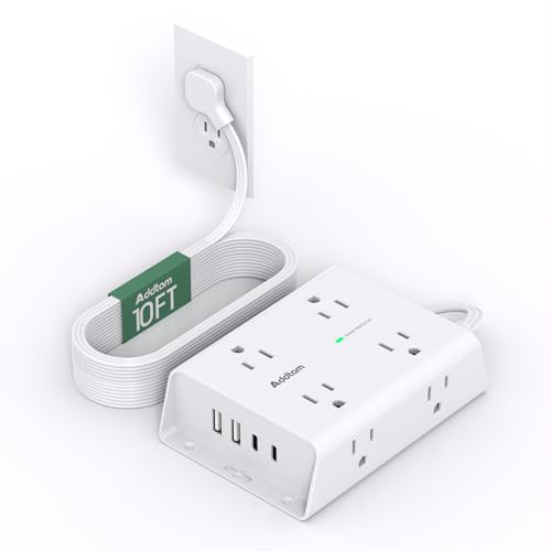 10FT Flat Plug Extension Cord with Multiple Outlets, Surge Protector Power Strip 10 ft Cord, 8 Outlets 4 USB Ports (2 USB C), Multi Outlet Wall Plug for Home Office College Dorm Room Essentials