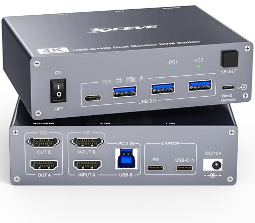 YOUTINGHDAV KVM Switch 2 Monitore 2 Computers USB C, USB 3.0 KVM Switch Dual Monitor HDMI 4K@60Hz for PC & Laptop, MST, PD 60W, with Wired Remote, Aluminium