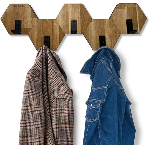 Klädkrok hexagon vägg garderob trä ek svart design modernt ungdomsrum badrum natur (ek, 56)