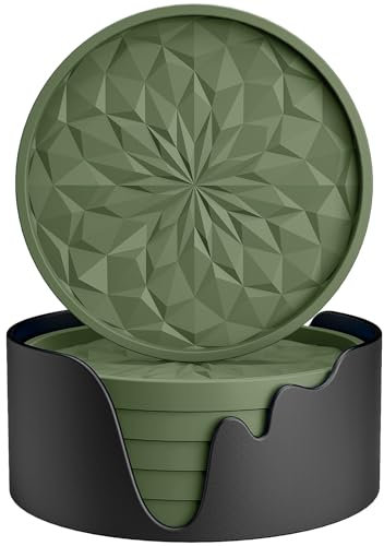 STLIAN Silicone Coasters with Holder,[6 Pack] Drinking Coasters - Cup Mat for Hot or Cold Drinks, Thickened, Non-Slip, Non-stick,Deep Tray Olive Green