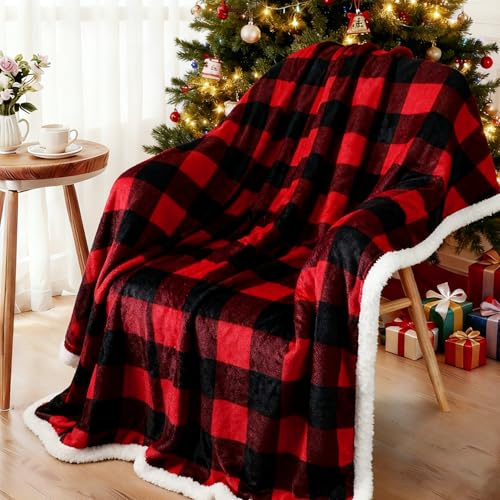 Famibay Christmas Blanket Fleece Throws for Sofa Red Thick Xmas Sherpa Throw for Single Bed Soft Cosy Fluffy Blanket 130x150cm for Sofa Bed Couch Chair
