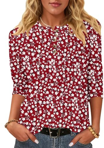 WNEEDU Tee Shirt Femme à Manche 3/4 - Henley T-Shirt Fine Pull Décontracté Tunique Blouse Col Rond Haut avec Boutons Fleur Rouge L