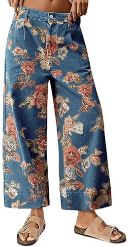 loveimgs Women Mid Rise Cropped Wide Leg Jeans Baggy Floral Ankle Pants Denim Capris Flare Print Boho Palazzo Jeans Boyfriend (XX-Large,Dark Blue)
