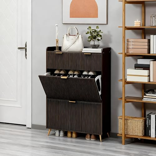 FOERPL Mobile scarpa ingresso con 2 ante e 2 cassetti – armadio per scarpe nero per corridoio soggiorno ingresso, 80 x 24 x 110 cm, moderno