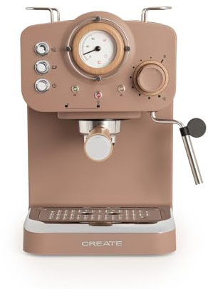 CREATE / THERA RETRO/Macchina da Caffè Espresso Semiautomatica Mokka Opaca e Legno / 20 bar, braccio a doppia uscita, serbatoio da 1,25L, caffè macinato e cialde ESE 55mm, con vaporizzatore, 1100W