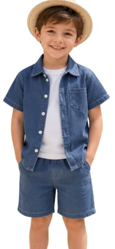 Xumplo Toddler Boys Denim 2-Piece Outfits Kids Short Sleeve Button Down Shirt + Shorts Set Childs Summer Clothes 5 Years Blue
