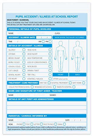 School. A5 Accident Report Book, 2 Part, (Duplicate), 50 Sets per Book, Pack of 5