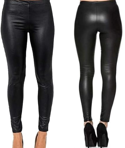 R&N FASHIONS Women’s Black Wet Look PVC Leggings, High Rise, Elasticated Waist, Sexy Shiny Faux Leather Look, Comfortable Pull-On Style, Fashionable Stretchy Tights (Black, 8-10)