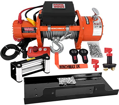 WINCHMAX 9,000lb Original Orange 12v Winch EN14492 Compliant. 24m x 9mm Steel Rope, 3/8 Inch Clevis Hook, Mounting Plate, Battery Isolator, Twin Wireless Remote Control