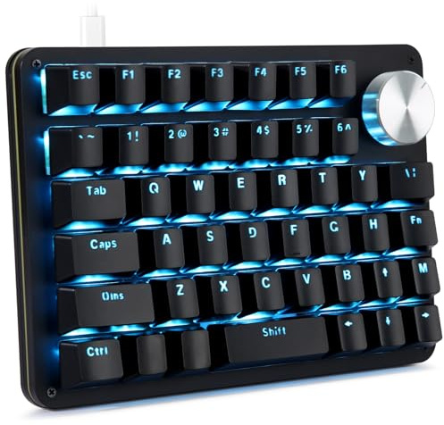 Koolertron Teclado mecánico para juegos con una sola mano con 24 teclas macro, mini teclado totalmente programable de 45 teclas, mini teclado macro USB con perilla giratoria, retroiluminación azul,