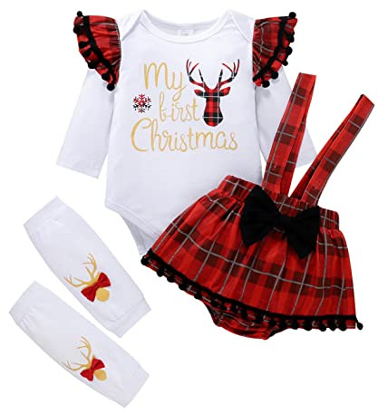 Cachi 2 Pezzi la Gonna di Natale della neonata equipaggia Il Mio Primo Pagliaccetto di Natale + Gonna con Bretelle Scozzese Rossa Abiti Natalizi per Ragazze Costume Partito Vestito Natale Principessa