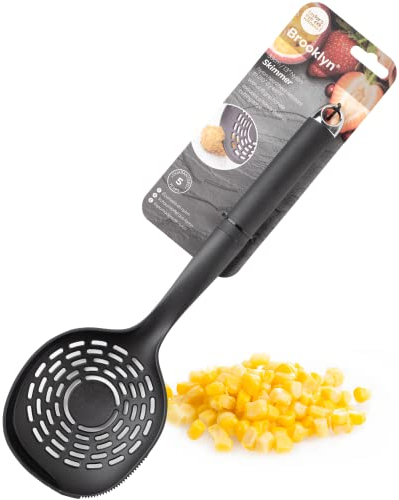 Nylon Head Skimmer Spoon Tool - Non Scratch Head, Ergonomic Soft Grip Handle, Large and Slotted for Liquid Draining, with A Handy Serrated Cutting Edge 2 in 1 Kitchen Tool. 5 Year Guarantee