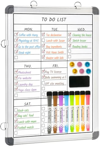 LUCYCAZ Weekly Dry Erase Board, 16 x 12 Magnetic Dry Erase Board for Wall, Hanging Double-Sided to Do List Whiteboard, Small Weekly Planning Board for School, Home, Office