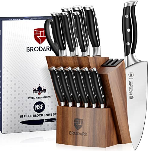 BRODARK Küchenmesser-Set mit Block, Vollzapfen, NSF-zertifizierter deutscher Edelstahl-Messerblock-Set, Steel-King-Serie mit Geschenkbox