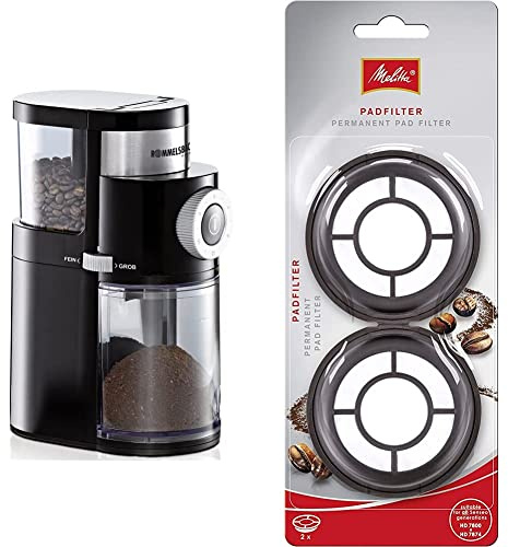 ROMMELSBACHER Kaffeemühle EKM 200, 2-12 Portionen, Füllmenge Bohnenbehälter 250 g, 110 Watt, schwarz & Melitta 180424 Permanent Kaffeefilter 2 Stück für alle Philips Senseo Kaffeepadmaschinen