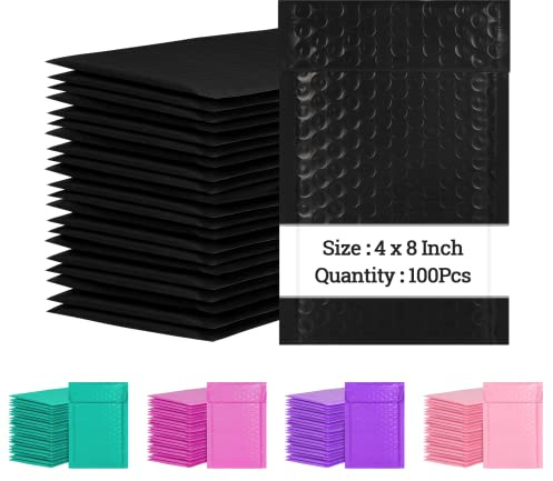 4x8 Inch Bubble Mailers 100 Pack Black Self Seal Padded Envelopes Usable Size 4x7 Waterproof Mailing Shipping Bags for Small Business Mailing Jewelry Makeup