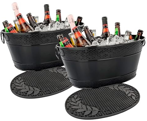 BREKX Galvanized Drinks Tubs with Insulated Bar Mats (Set of 2 tubs + 2 Bar Mats), Ice Buckets for Parties to Chill Drinks + Drip Dry Mats to Protect Cocktail Bar - 4 Gallon Metal Bucket Set - Black