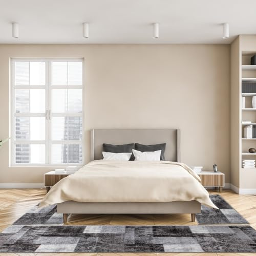 oKu-Tex Bettumrandung Set 3-teilig [67x340 cm | 2 mal 67x140 cm] Grauer Bettvorleger, meliert - weicher Kurzflor pflegeleicht - Teppich Schlafzimmer - Geometrisches Patchwork Design - Deutsche Marke