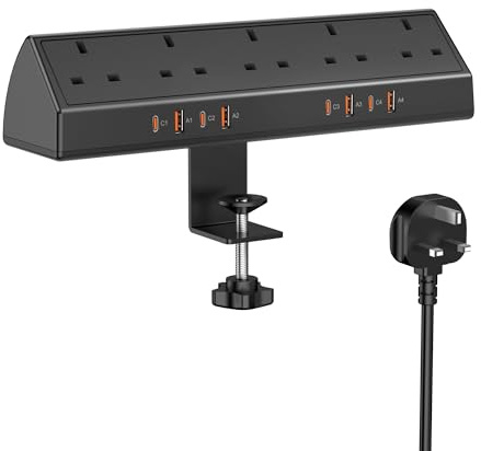 Jgstkcity Desk Clamp Power Socket, 65W USB-C Extension Lead, Black | 5 UK Socket & 4 USB-C, 1200J Surge Protection, Desktop Power Strip 2M, Fit 1.9 Tabletop Edge, Office, Gaming, Dorm