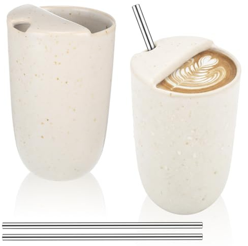 2 Pack Ceramic Coffee Mug with Sip Hole 9.5oz Retro Espresso Cup with Straws Travel Mug Hand-painted Porcelain Coffee Tea Cup Novelty for Kitchen Milk Juice Cappuccino Latte Speckle White
