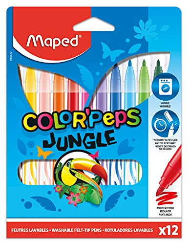 Maped - Feutres Jungle Color’Peps - 12 Feutres de Coloriage - Lavables et Résistants au Séchage - Pointe Moyenne Bloquée - Couleurs Vives - Idéal Fournitures Rentrée Scolaire - Pochette Carton