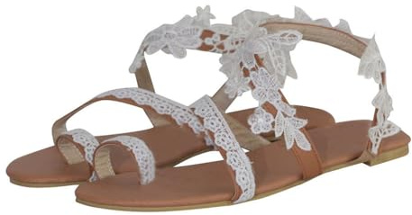LUCKLY Sandales Plates d'été Femme Bohême Bout Ouvert en Sexy Dentelle Fleur Flip Flop Talon Basse Léger Pantoufles Chaussures Mules Tongs avec Boucle à L'orteil Elégant de Vacances Plage
