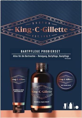 King C. Gillette Mini Kit Da Viaggio Essenziale Per La Cura Della Barba: Crema Idratante Per Barba E Viso 30 ml + Detergente barba e viso 60 ml + Balsamo delicato da barba 25 ml