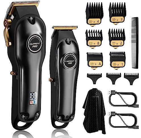SUPRENT PRO Professional Hair Clippers for Men- Hair Cutting Kit & Zero Gap T-Blade Trimmer Combo- Cordless Barber Clipper Set with LED Display for Mens Gifts(Black)