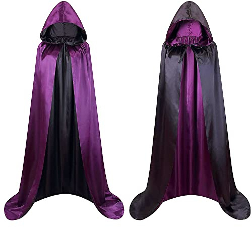 Cape noire à capuche pour costume vampire homme manteau médiéval femme pour Halloween, cape réversible noir rouge vert violet bleu pour costume de sorcière, 140 cm (violet/noir)