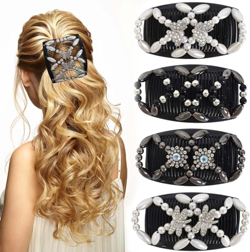 4 Stück Elastische Perlen-Haarkämme, Haarkamm zum Stecken, Haarkamm Elastisch Perlen, Kamm Doppel Clips für Damen Mädchen Haarschmuck, Haarspangen Dehnbar Kamm Doppel Clips