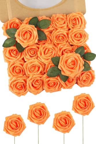 N&T NIETING Künstliche Blumen Glitter Rose, 25 Stück Gefälschte Rosen Blumen mit Stängeln Real Touch Faux Schaum Rosen Herbstblumfür Hochzeit Sträuße Party Büro Baby Home Herbst Dekoration