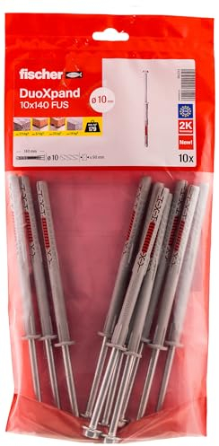 fischer DuoXpand Lot de 10 chevilles universelles de qualité supérieure avec vis à tête hexagonale et rondelle en U moulée (10 pièces), chevilles pour un maintien solide, idéales pour les matériaux de
