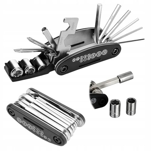 Lot de 16 outils multifonctions pour vélos 16 en 1 - Portable et pratique - Multifonctionnel et pliable - Pour réparations rapides sur route - Noir