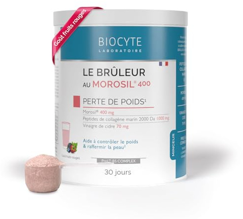 BIOCYTE Morosil® 400 mg - Collagène Marin Peptan®, Vinaigre de Cidre - Energie, Fermeté De La Peau - Goût Fruits Rouges - Programme de 30 jours