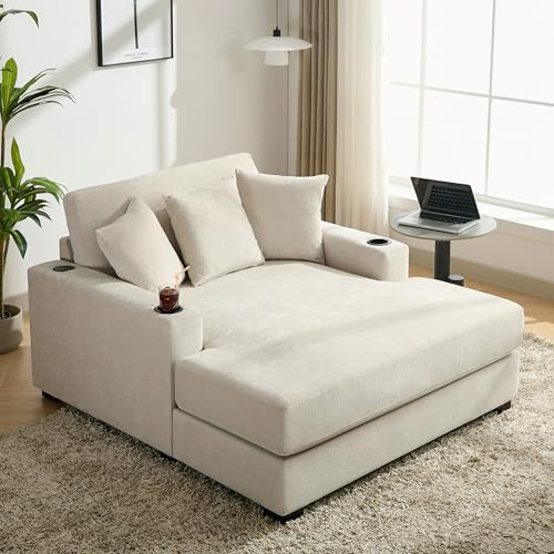 BEDGJH Oversized Chenille Fabric Chaise Longue Indoor, Modern Comfy Thicked Upholstered Sofa Couch with Pillows, Charge Station & Cup Holders, Comfy Reclining Sleeper Chair (Cream-1)