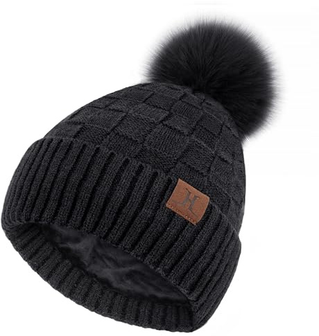 ZASFOU Donna Cappello Invernale Caldo Maglia a Quadri Berretto Pompon Morbido Cappelli Pile Foderati Regalo per Donna