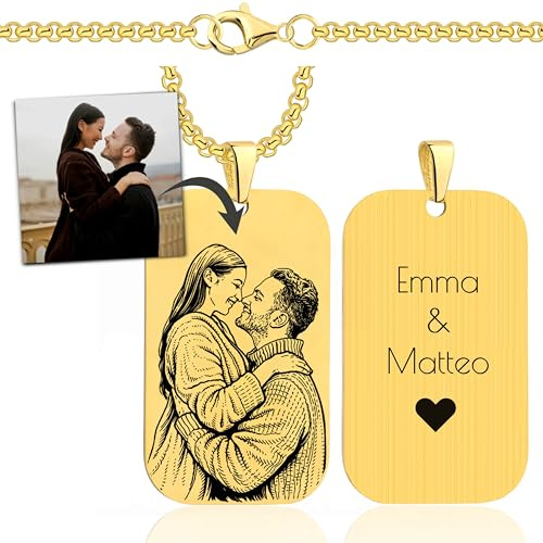 Lumari Gold Plaque d'identité photo personnalisée gravée au laser - Pendentif 25 x 42 mm avec photo - Chaîne de 60 cm - Collier Dog Tag - Chaîne d'identification avec photo pour homme et femme - Idée