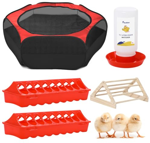 Pawaboo 5-in-1 Chicken Brooder Box for Chick Starter Kit, Includes Pet Cage Tent, Chicks Perch, Chicks Feeder, 1.1L Chick Waterer, Chicken Supplies (Brooder Set), Red+Black