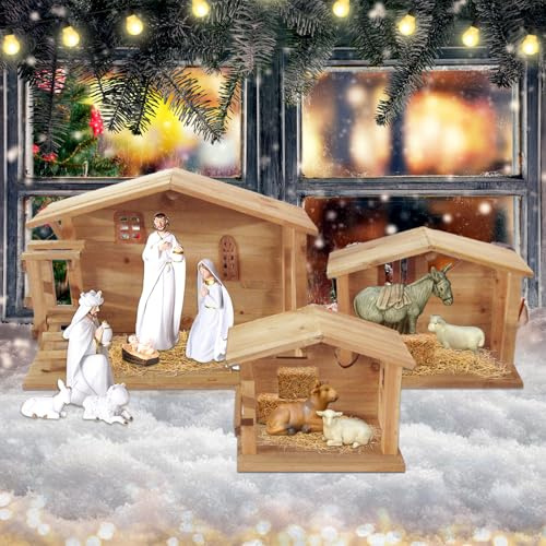 Traditional Wooden Nativity Stable Set, Large Christmas Creche, 3-Piece Natural Wood Construction, Indoor Holiday Display Manger Scene