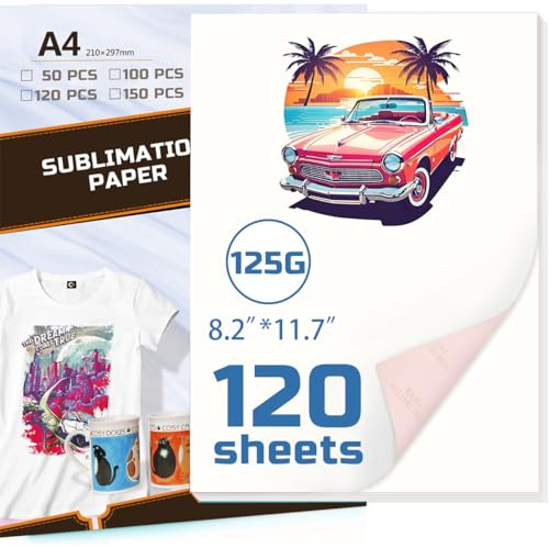 Papel sublimación A4, hojas de papel transferencia, 20 hojas de papel de sublimación A4, 125 g/m², para algodón, metal, cerámica y vidrio