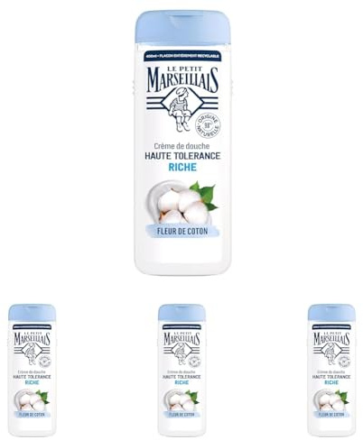 Le Petit Marseillais, Crème de Douche Haute Tolérance Riche Fleur de Coton (flacon de 400 ml) – 98% d'ingrédients d'origine naturelle – Pour tous types de peaux, même sensibles (Lot de 4)