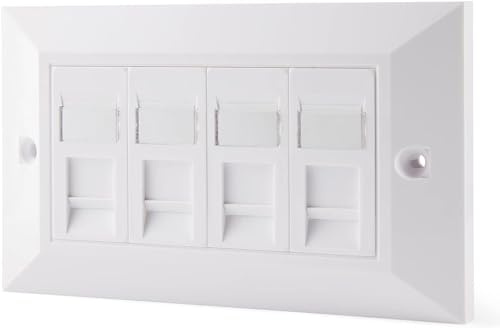 rhinocables CAT6 Ethernet Faceplate | Single 1, Double 2 & Quad 4 RJ45 Gang Wall Sockets | CAT 6 Setup for Printers, VoIP, Phones & More | Network Expansion for Home or Business (4 Port,Pack of 1)