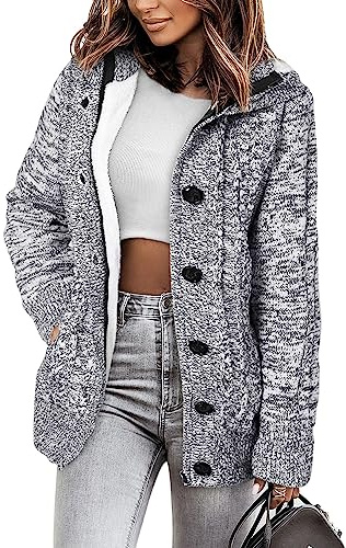 Sidefeel Women's Cardigan Hooded Fleece Lined Jackets Winter Cable Knit Sweater Coat XX-Large Grey