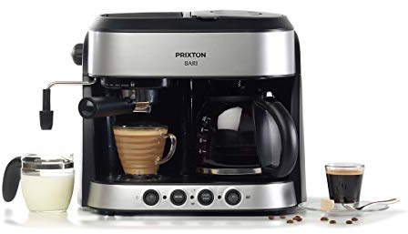 Prixton Machine à café Bari, Cafetière à double sortie, Système 3 en 1 : Expresso, Américain et Cappuccino, Pression 15 Bar, Puissance 1850 Watt, Système Italien et Américain, Vapeur pivotant