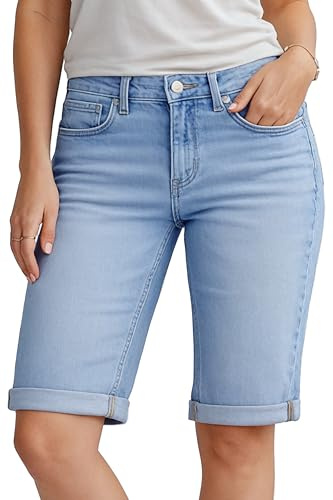NOROZE Womens Denim Shorts – Ladies Knee Length Stretch Jean Shorts with Pockets – Rolled Hem Summer Bermuda Shorts for Women UK – Lightweight Casual Fit – Sizes 8 to 20