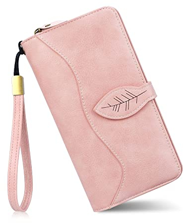 conisy Geldbörse Damen Gross, Portemonnaie Damen Leder mit RFID Schutz, Lang Clutch Geldbeutel Damen mit Handyfach (Rosa)